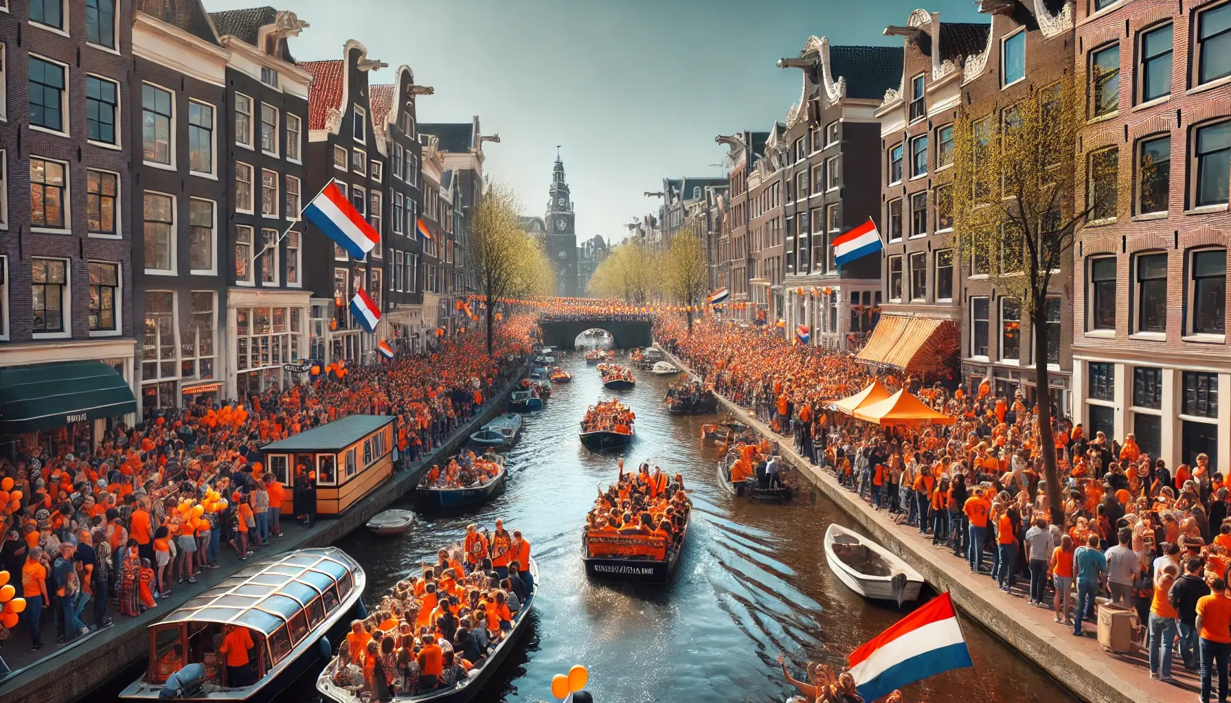  Festive crowds dressed in bright orange line Amsterdam's canal during King’s Day. Boats filled with partygoers cruise by as people walk the decorated streets with Dutch flags and orange streamers under a sunny spring sky.