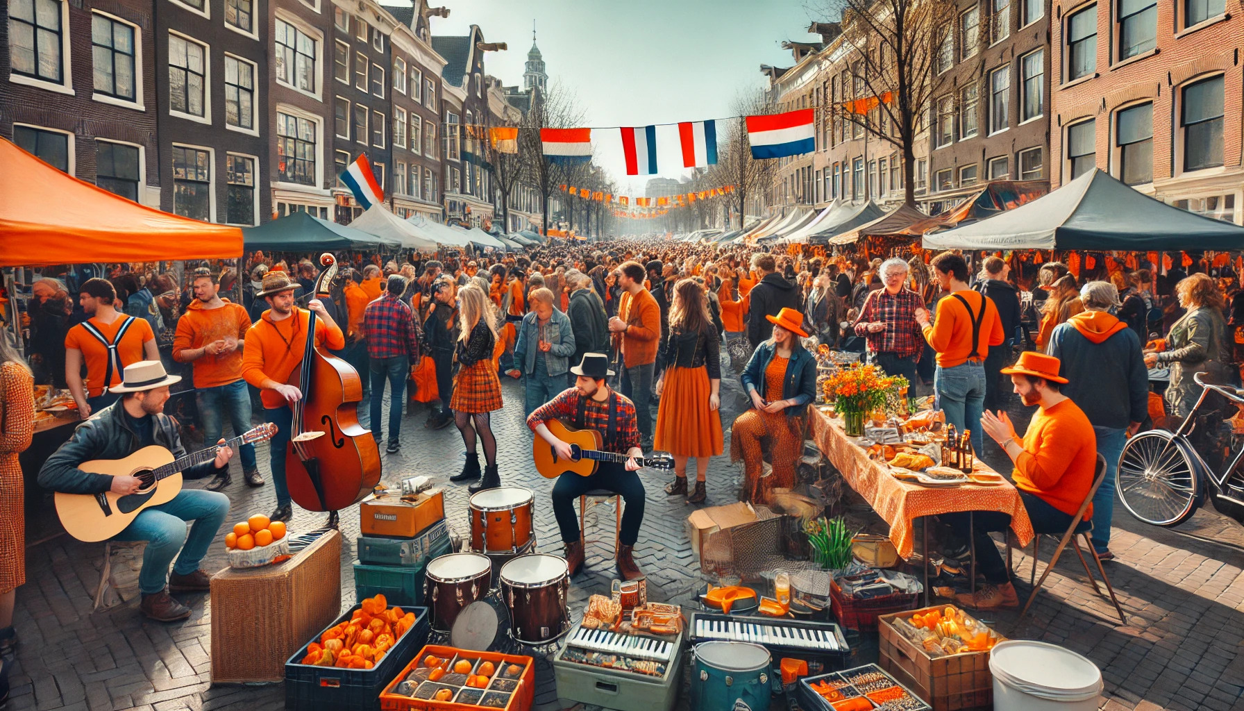 A lively street market during King’s Day in Amsterdam, with people in orange browsing vendor stalls and a small band playing live music nearby. Orange streamers and Dutch flags decorate the cobblestone street as the crowd claps and dances under the spring sun.