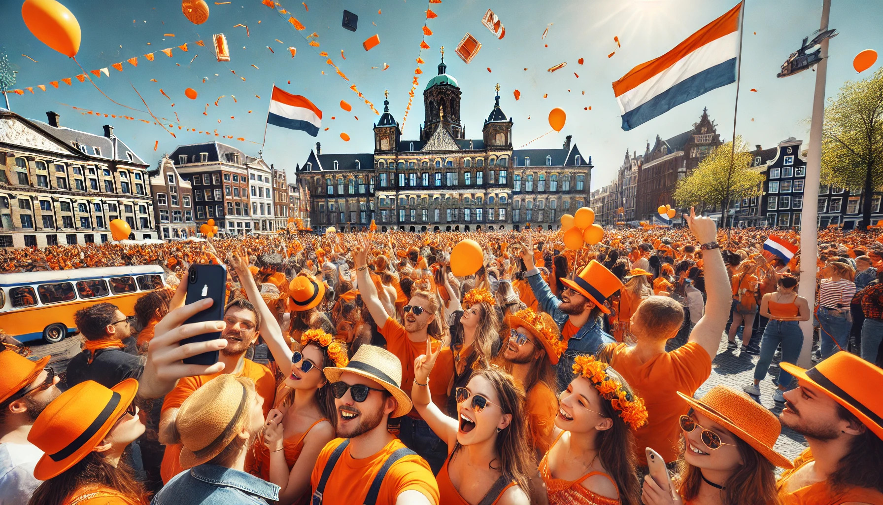 A festive crowd dressed in bright orange gathers in central Amsterdam for King’s Day celebrations. Dutch flags wave, people take selfies and dance, and orange balloons and confetti fill the square with historic buildings in the background under a sunny sky.