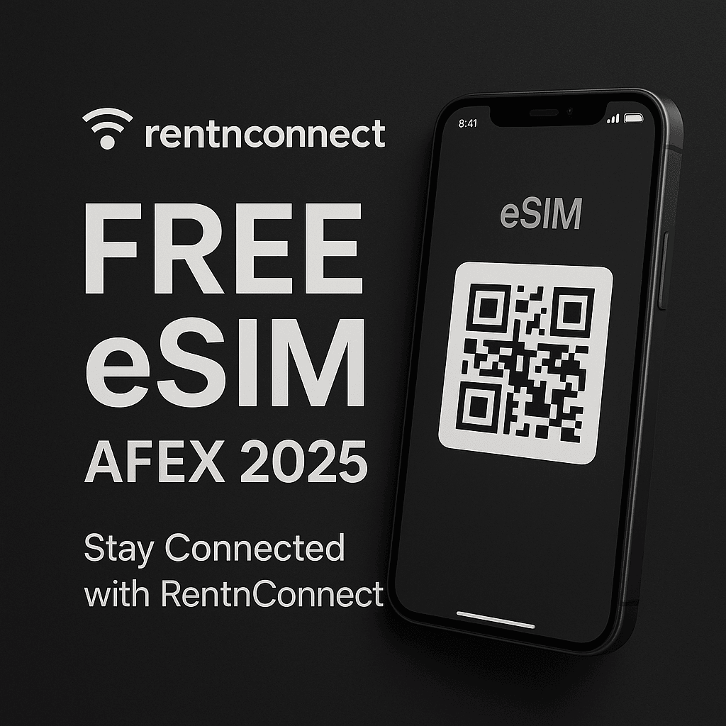 RentnConnect free eSIM promotion for AFEX 2025 – modern square banner with black background, bold white text, and smartphone displaying QR code for internet access, highlighting travel connectivity solution.