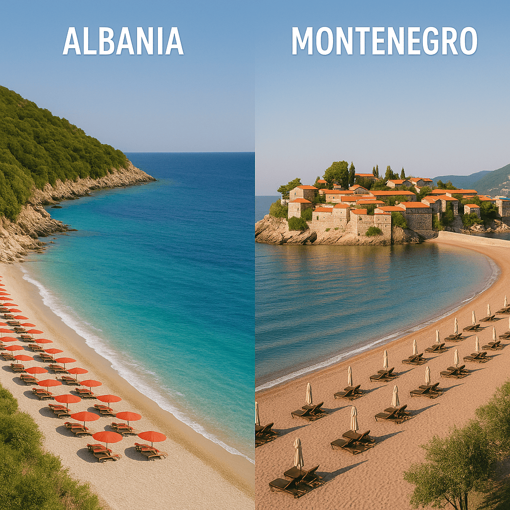 Split-screen view of Albania and Montenegro beaches – Albanian Riviera with turquoise waters and red umbrellas on the left, and iconic Sveti Stefan island in Montenegro on the right, both under clear summer skies