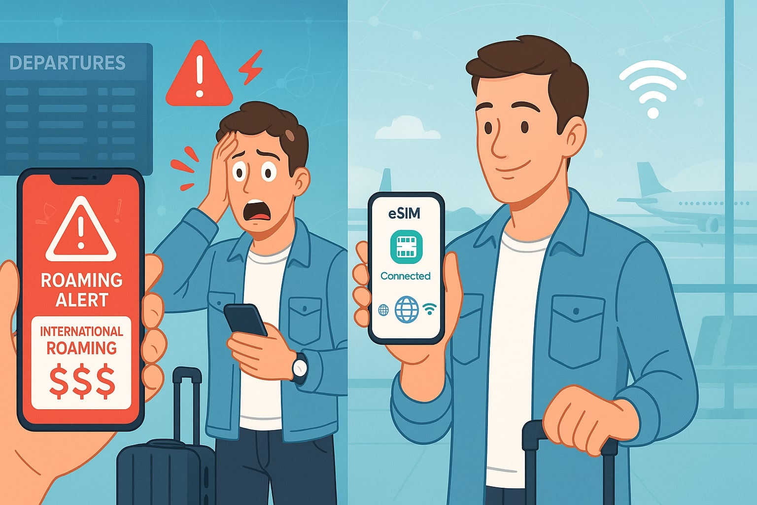 Illustration of a modern traveler at an airport facing high international roaming charges on the left, contrasted with a stress-free eSIM connectivity solution on the right, highlighting the benefits of affordable travel internet with RentnConnect.