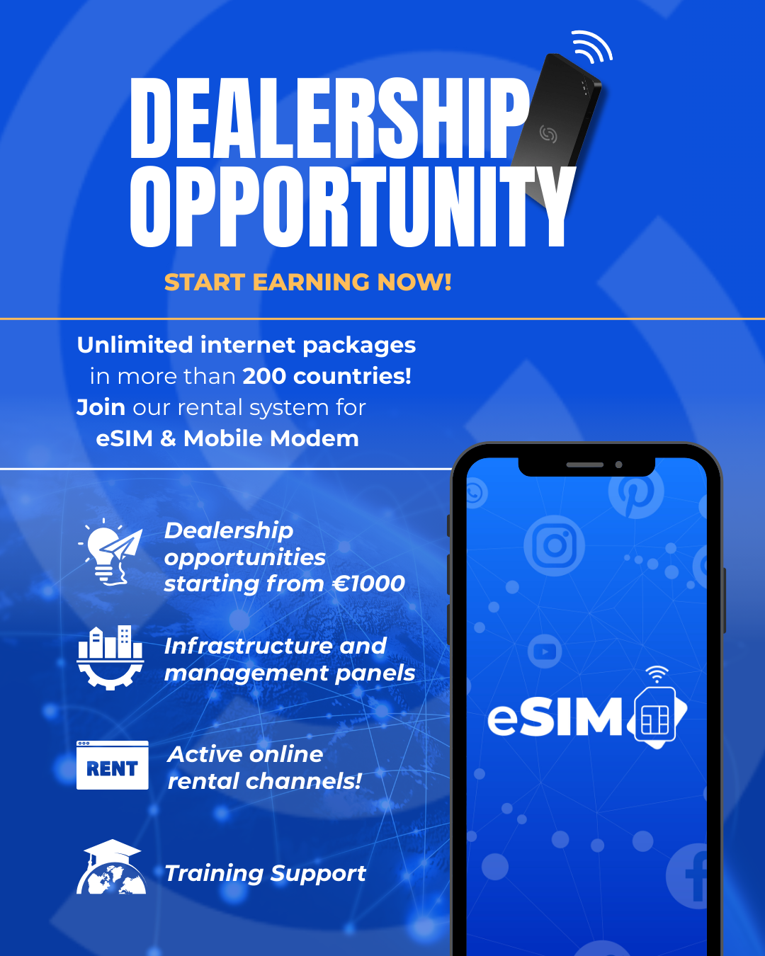 Dealership opportunity flyer displaying benefits of RentnConnect program including global internet coverage, infrastructure tools, and training support.