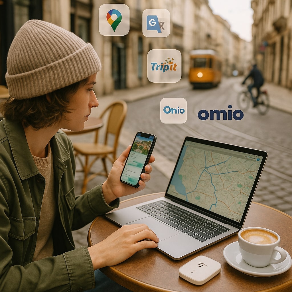 Digital-savvy traveler planning a European trip at a cozy outdoor café, using a smartphone, laptop with a map, portable WiFi device, and coffee on table—cobblestone street and tram in the background."