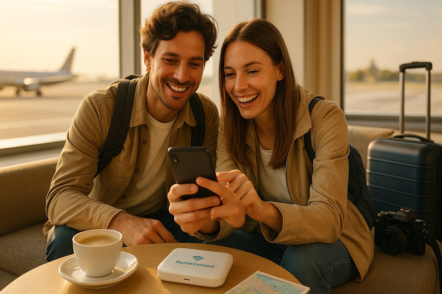 زوجان شابان سعيدان يستخدمان شبكة WiFi المحمولة من RentnConnect في صالة المطار مع الهاتف الذكي والقهوة ومعدات السفر، مع ظهور الطائرة في الخلفية - مما يرمز إلى الإنترنت السريع والموثوق به للمسافرين حول العالم.