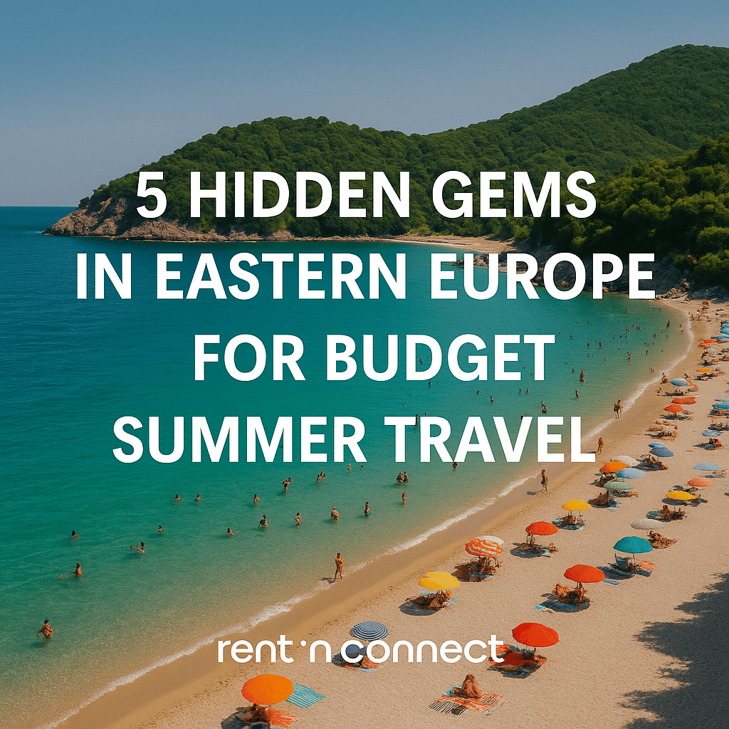 Beautiful budget-friendly Balkan beach in summer, vibrant umbrellas and turquoise water — travel blog image for hidden gems in Eastern Europe