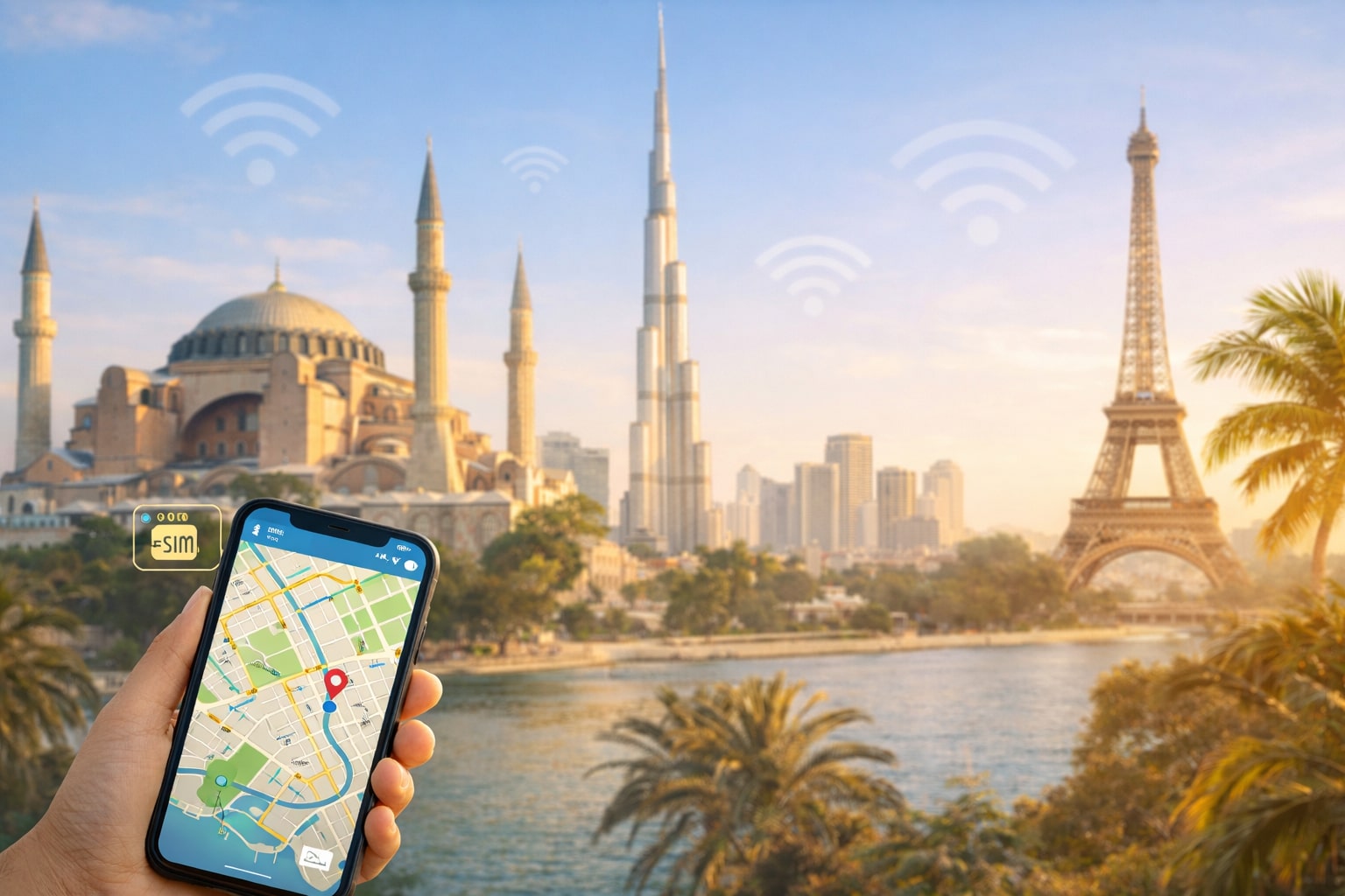 Eid al-Fitr travel destinations with Istanbul mosque skyline, Dubai Burj Khalifa and Paris Eiffel Tower, showing eSIM and WiFi connectivity for travelers using RentnConnect internet solutions.