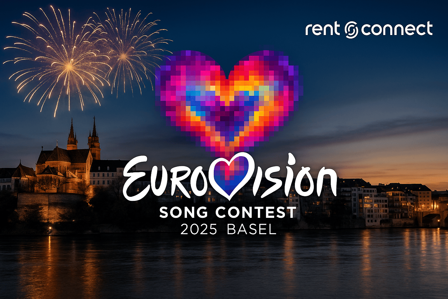 Fireworks over Basel cityscape at sunset with the Eurovision 2025 heart logo in the center and RentnConnect logo in the top right corner