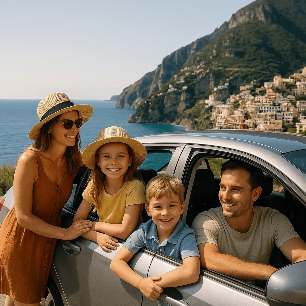 Happy family of four on a summer road trip along Italy’s Amalfi Coast, smiling beside their silver car with turquoise sea, colorful cliffside villages, and sunny weather in the background.