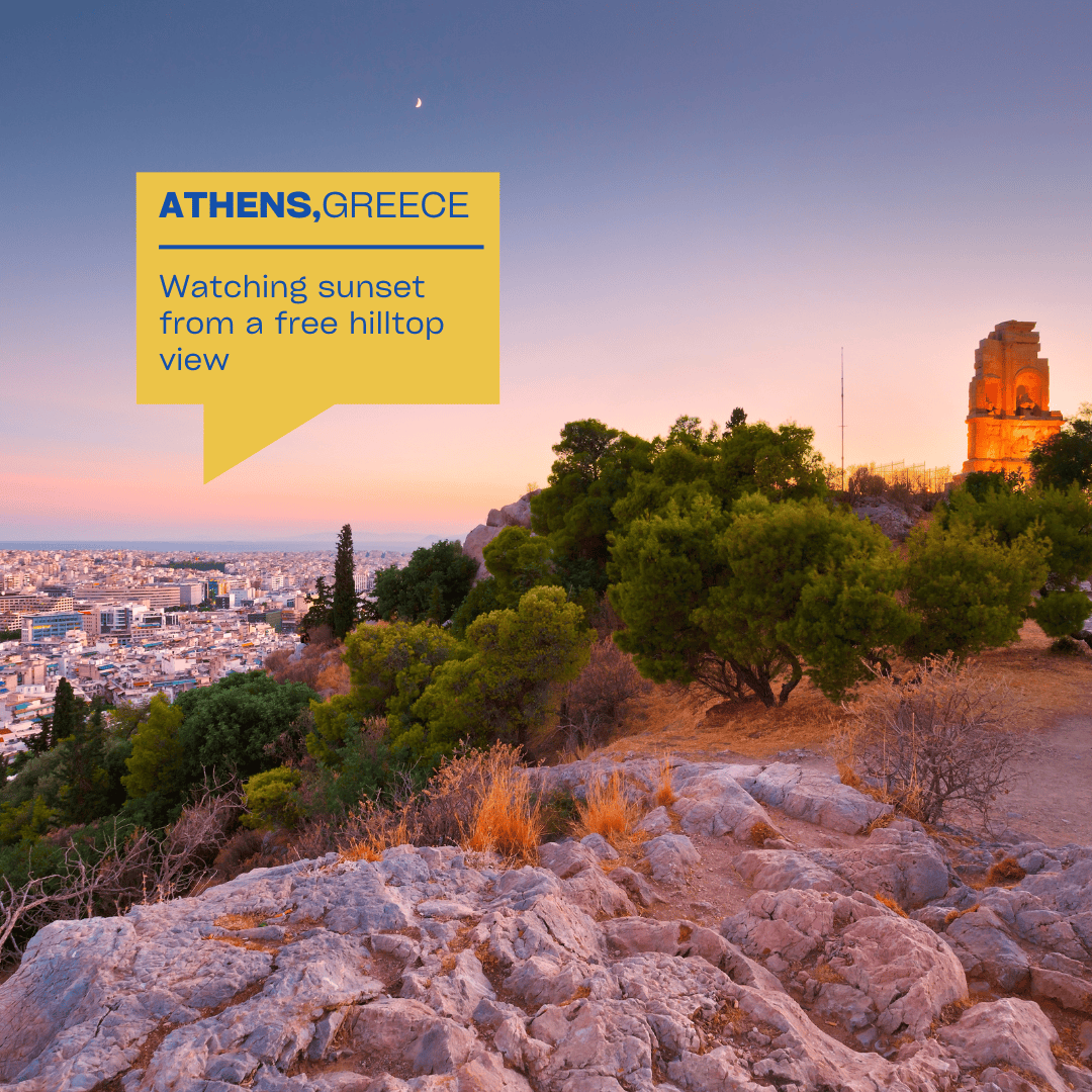 Free sunset viewpoint over Athens, Greece from a scenic hilltop – budget-friendly travel activity in Europe