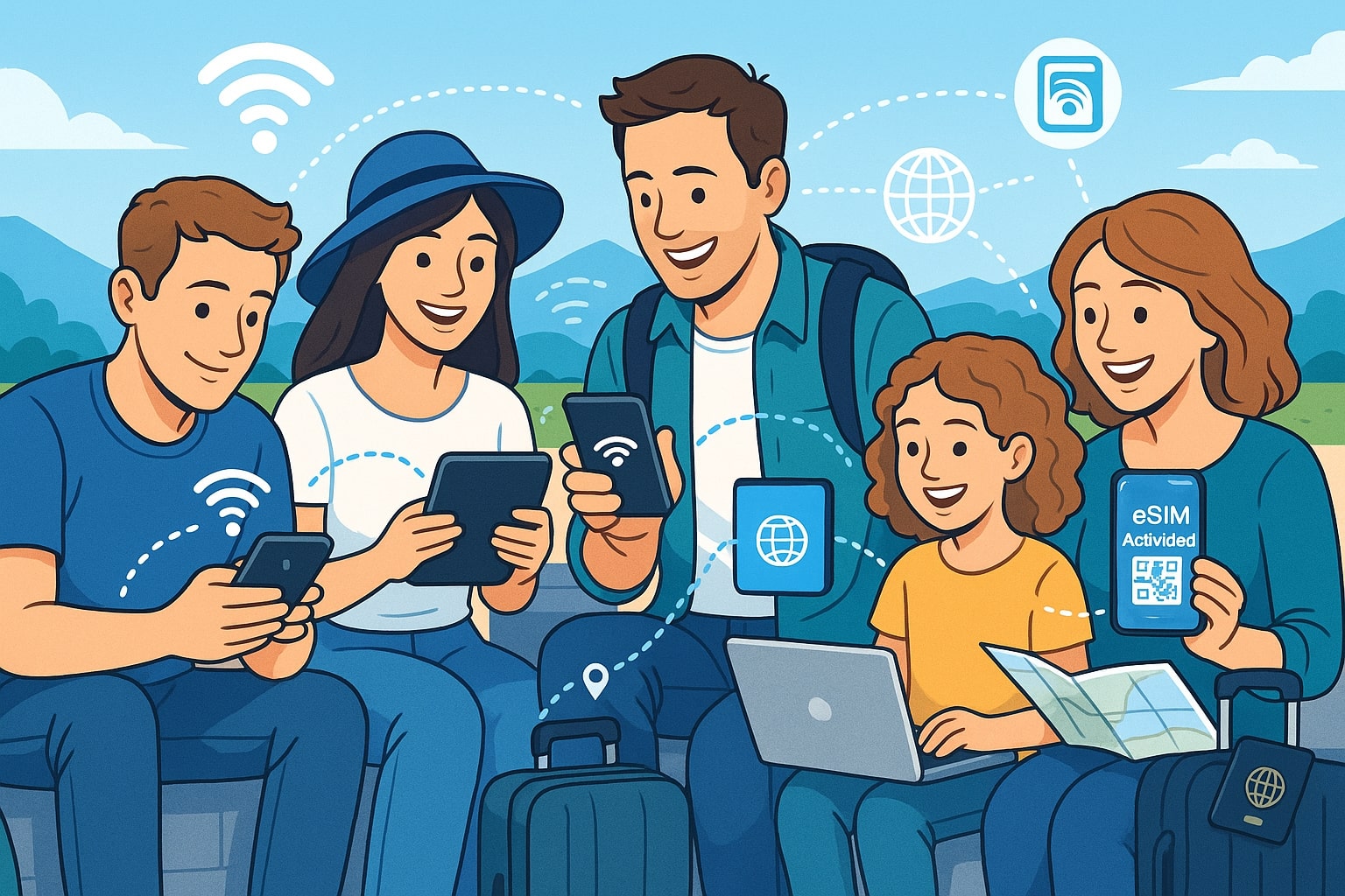 Group of smiling friends and family sitting outdoors using smartphones, tablets, and a laptop connected via a visible portable WiFi device and eSIM-enabled phone, with floating WiFi signal icons illustrating seamless internet connectivity during group travel.