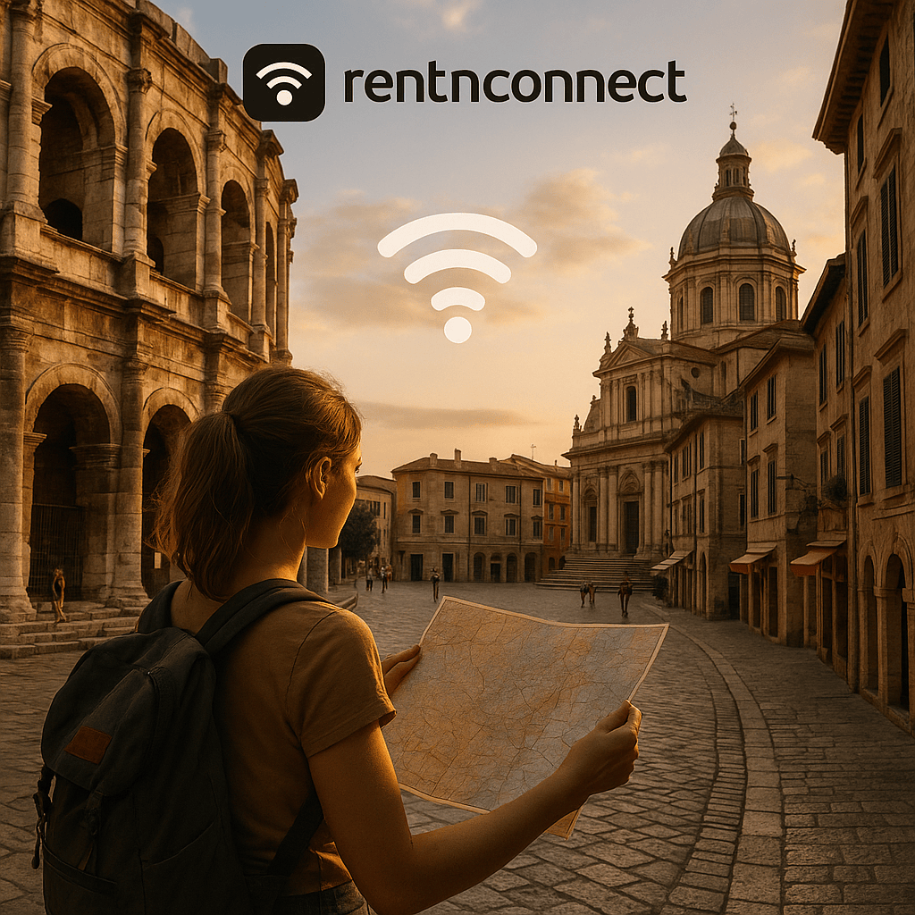 A young female traveler with a backpack holds a map while standing in a sunlit European square surrounded by historical architecture, including a Roman amphitheater and a baroque church. Above her, the RentnConnect logo and a Wi-Fi symbol are displayed, suggesting connectivity in historical travel locations.