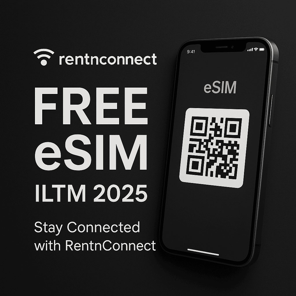 RentnConnect free eSIM promotion for ILTM 2025 – minimalist black banner featuring smartphone with QR code, bold white text highlighting free internet access for international travelers