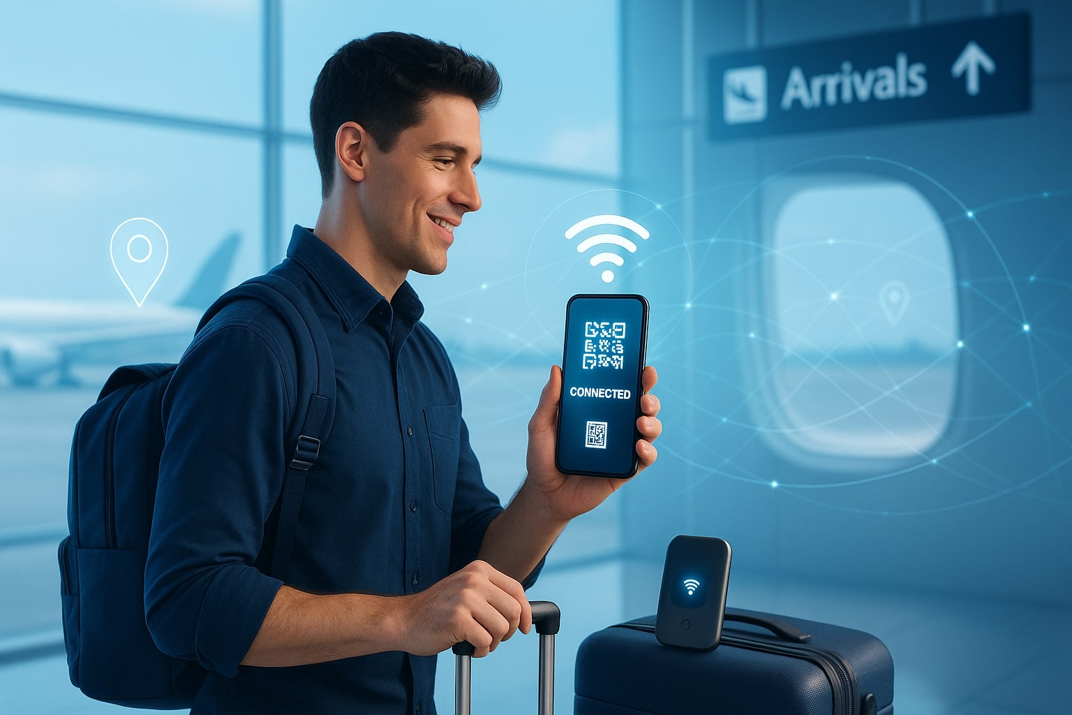رحّالة رقمي في صالة الوصول بالمطار يستخدم هاتفًا ذكيًا يعرض رمز QR متصل، وجهاز واي فاي على الحقيبة، وطائرة مرئية من خلال النافذة، مفهوم تقني حديث للسفر.