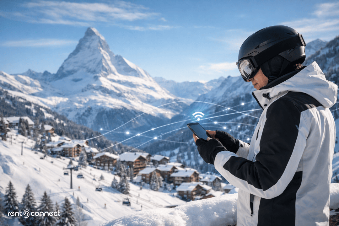 Skier using mobile internet in the Swiss Alps with alpine village and ski slopes below, showing reliable connectivity for ski travelers in Zermatt and the Alps