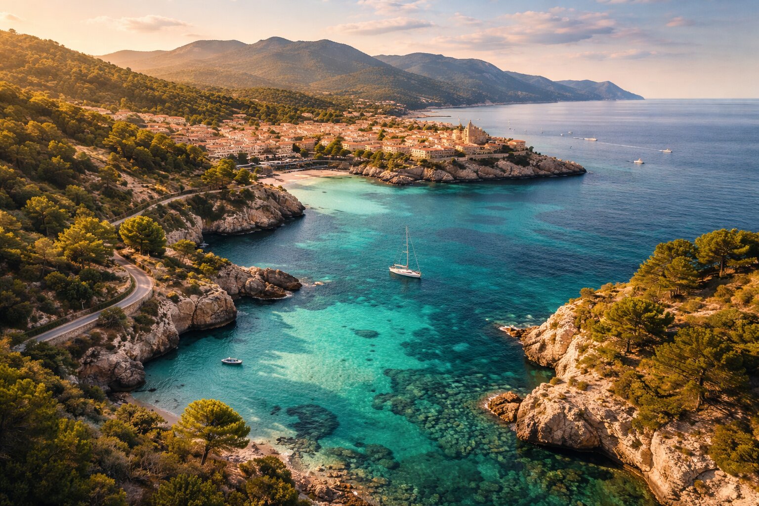 Ultra-realistic aerial view of Mallorca coastline with turquoise Mediterranean sea, rocky calas, and coastal town, featured in a complete Mallorca travel guide