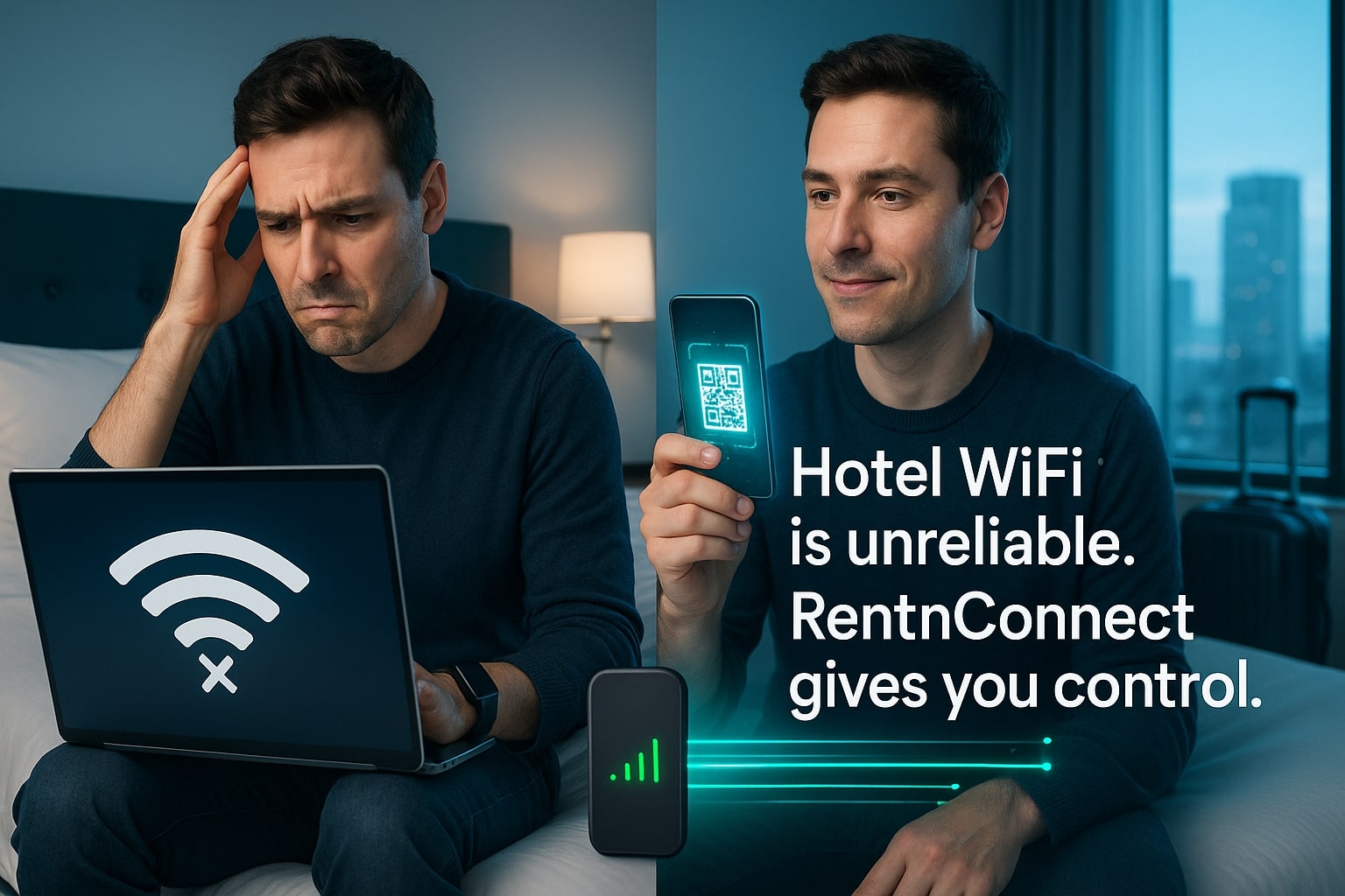 صورة مقسّمة لمسافر في غرفة فندق عصرية، يُظهر الإحباط بسبب ضعف اتصال الواي فاي على الحاسوب المحمول (يسارًا)، ثم الراحة عند استخدام رمز QR لـ eSIM على الهاتف الذكي (يمينًا)، مما يبرز حل RentnConnect للإنترنت المحمول مع إشارات قوية متوهجة، بألوان زرقاء وتيفانية عصرية.