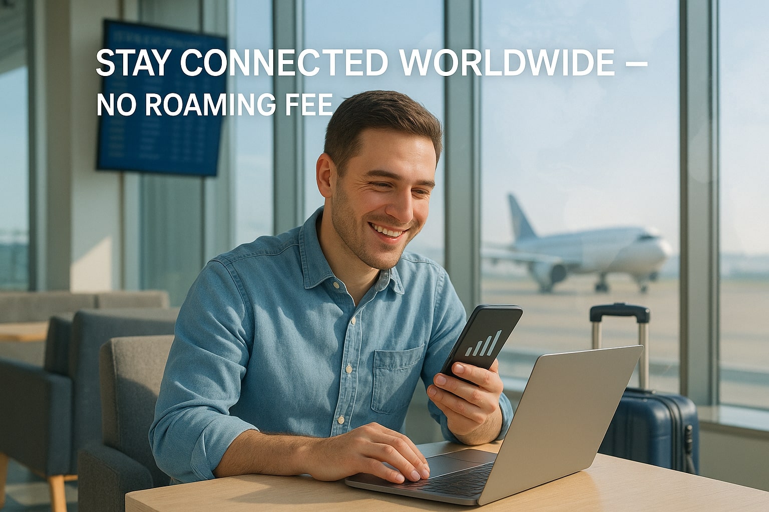 Smiling traveler using smartphone and laptop with portable WiFi at airport lounge, airplane in background — showcasing RentnConnect stress-free global connectivity without roaming fees