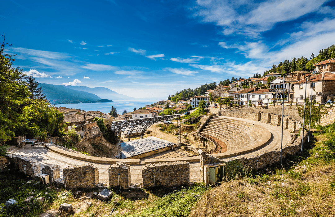 Scenic view of ancient Roman amphitheater in Ohrid, North Macedonia overlooking Lake Ohrid in summer