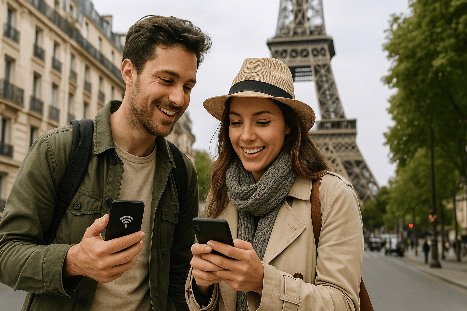 A smiling couple stands on a Parisian street near the Eiffel Tower using a pocket WiFi device and a smartphone, representing convenient internet access while traveling.