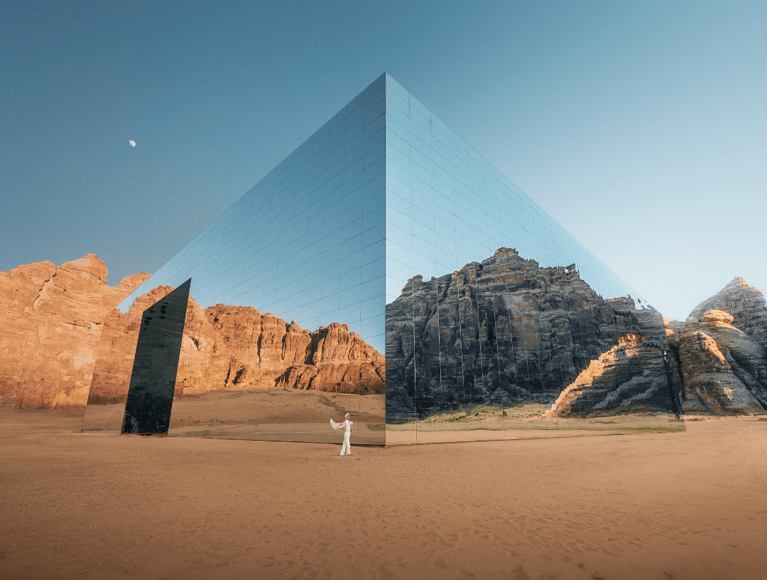Maraya Concert Hall in AlUla reflecting desert cliffs – a unique architectural gem on your Saudi Arabia trip