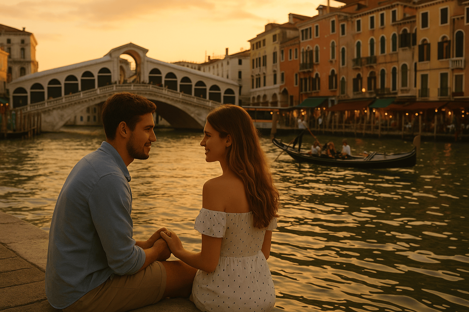Romantic couple sitting by Venice Grand Canal at sunset with Rialto Bridge and gondola in background during summer escape in Europe.