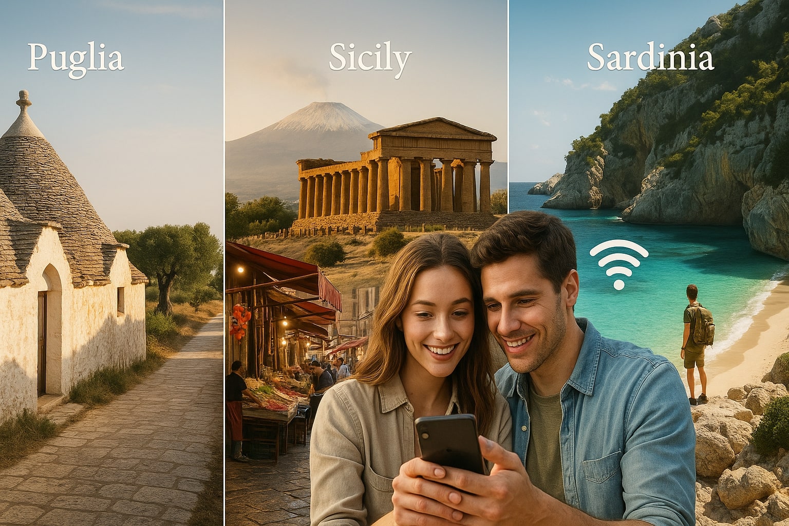 Split-view travel collage of Southern Italy's top destinations — Puglia with traditional Trulli houses, Sicily featuring Mount Etna and ancient Greek ruins, and Sardinia’s crystal-clear beach with a hiker — with a smiling couple using a smartphone, symbolizing digital nomad lifestyle and WiFi connectivity with RentnConnect.