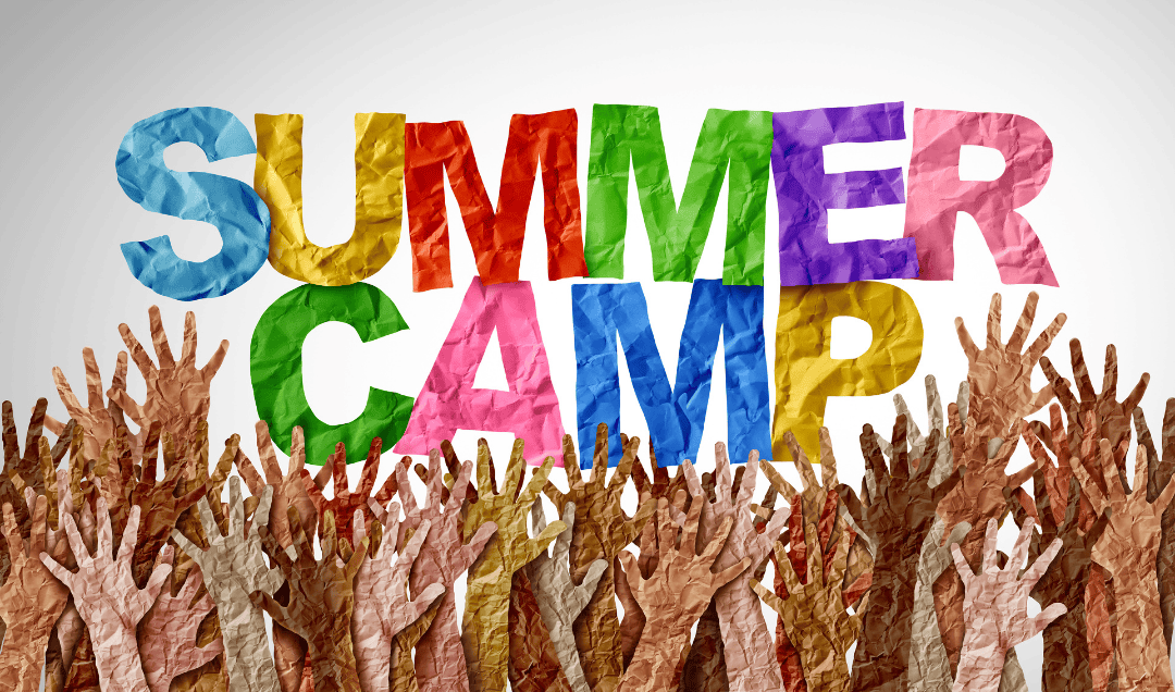 Colorful summer camp sign with raised hands symbolizing excitement and community – ideal for family-friendly European summer events