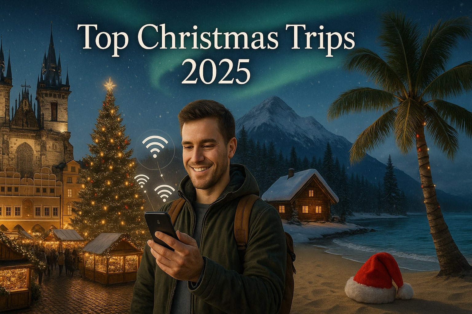 Collage of top Christmas travel destinations 2025 featuring a European Christmas market, tropical beach with Santa hat, snowy mountain cabin, and modern traveler using smartphone under Northern Lights.