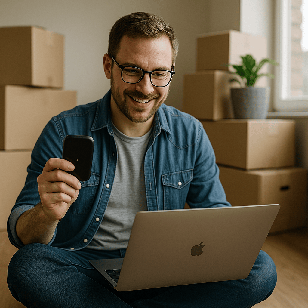 Man using portable Wi-Fi hotspot while moving, surrounded by boxes and working on laptop for temporary internet connection solution.