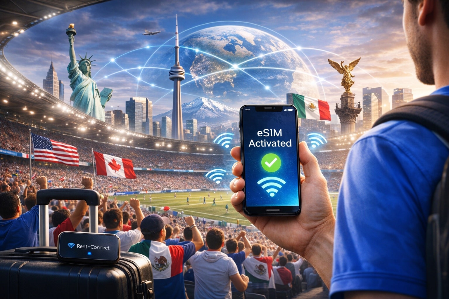 Football fan at 2026 World Cup using smartphone with eSIM activated, RentnConnect portable WiFi device on suitcase, with USA, Canada, and Mexico landmarks in stadium background, symbolizing international travel and digital connectivity
