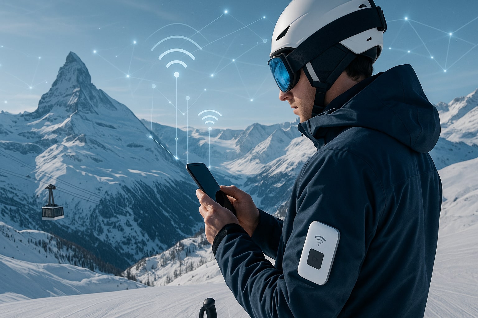 Skier using smartphone with portable WiFi device on snowy slope in the Swiss Alps near the Matterhorn, showcasing digital connectivity while skiing in Zermatt with visible WiFi signal overlays and luxury winter gear